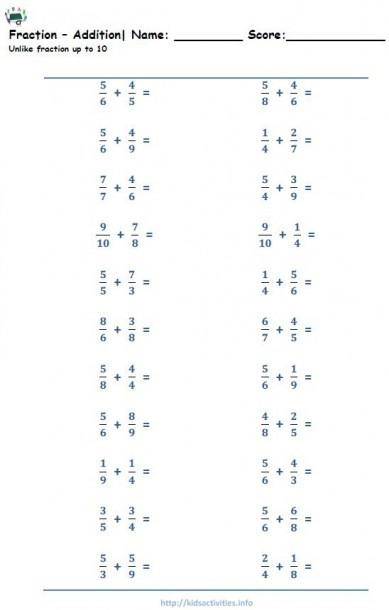 Adding Fractions For 5th Grade Math Worksheets