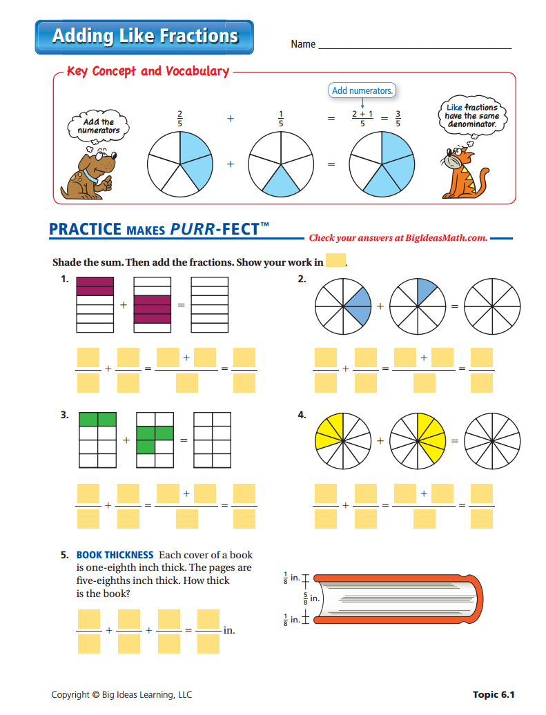Adding Like Fractions Worksheet Fractions Worksheets Key Concepts ...