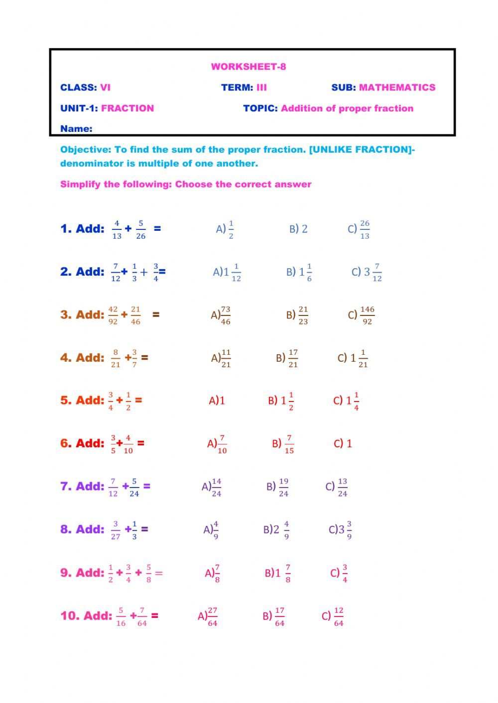 Addition of proper fraction worksheet fractionsworksheets