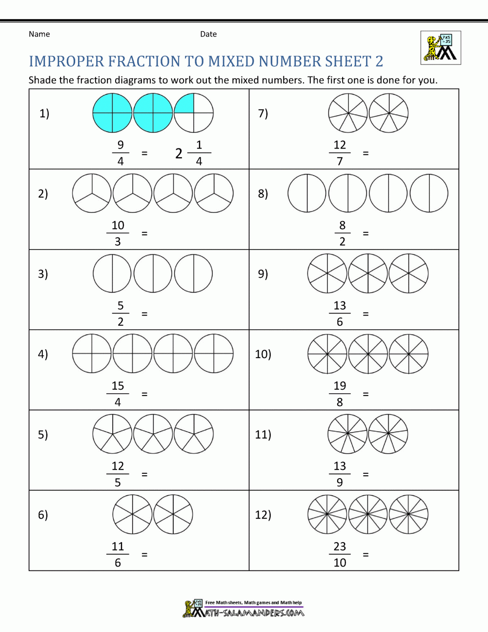 Mixed Number Fraction Worksheets Free FractionsWorksheets
