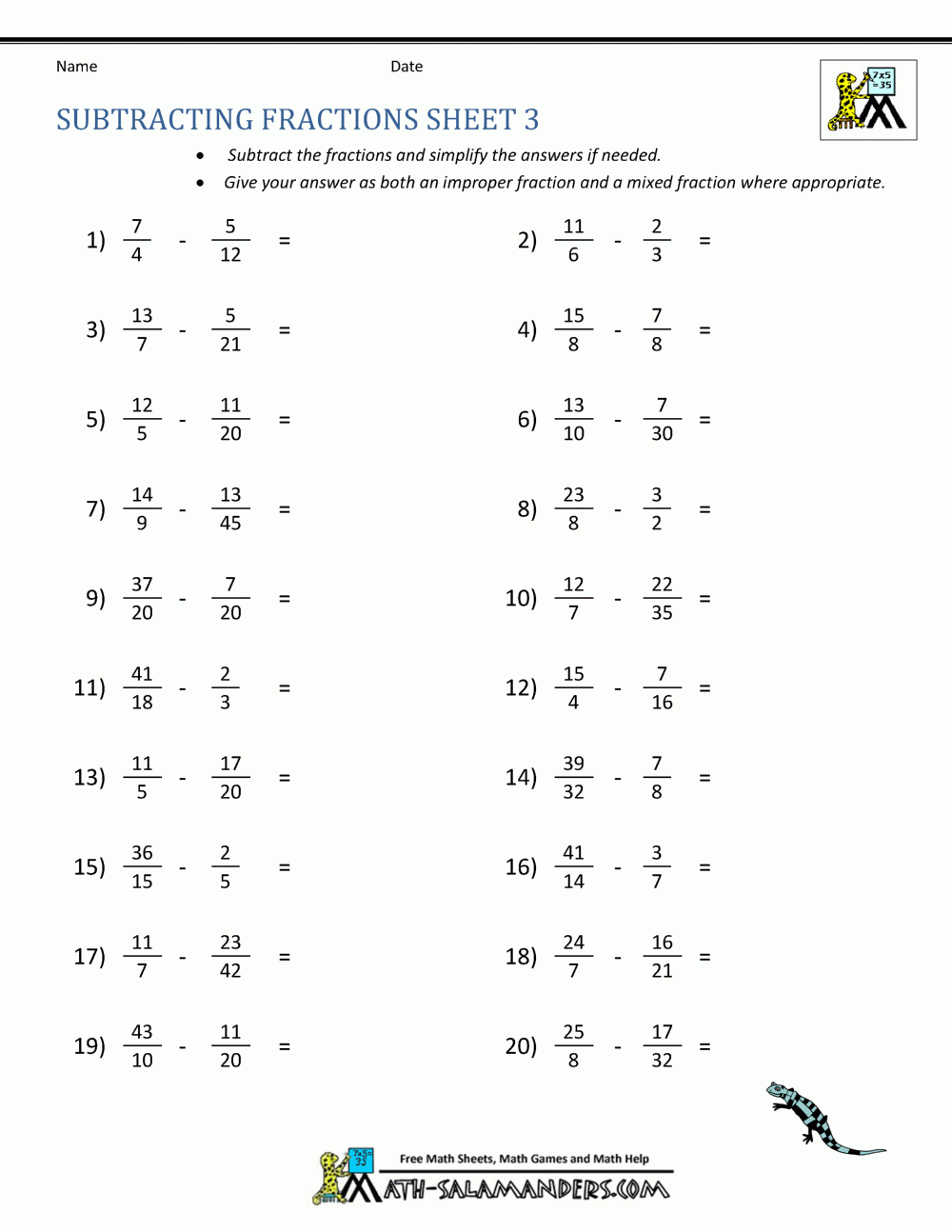 Subtraction Of Fractions Worksheets With Answers FractionsWorksheets